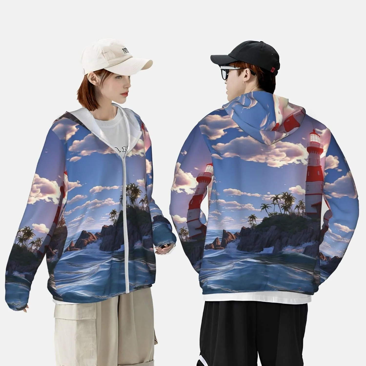 UPF 50  Sun Protection Hoodie Jacket Full Zip Long Sleeve Sun Shirt Navigation Lighthouse Fishing Shirt