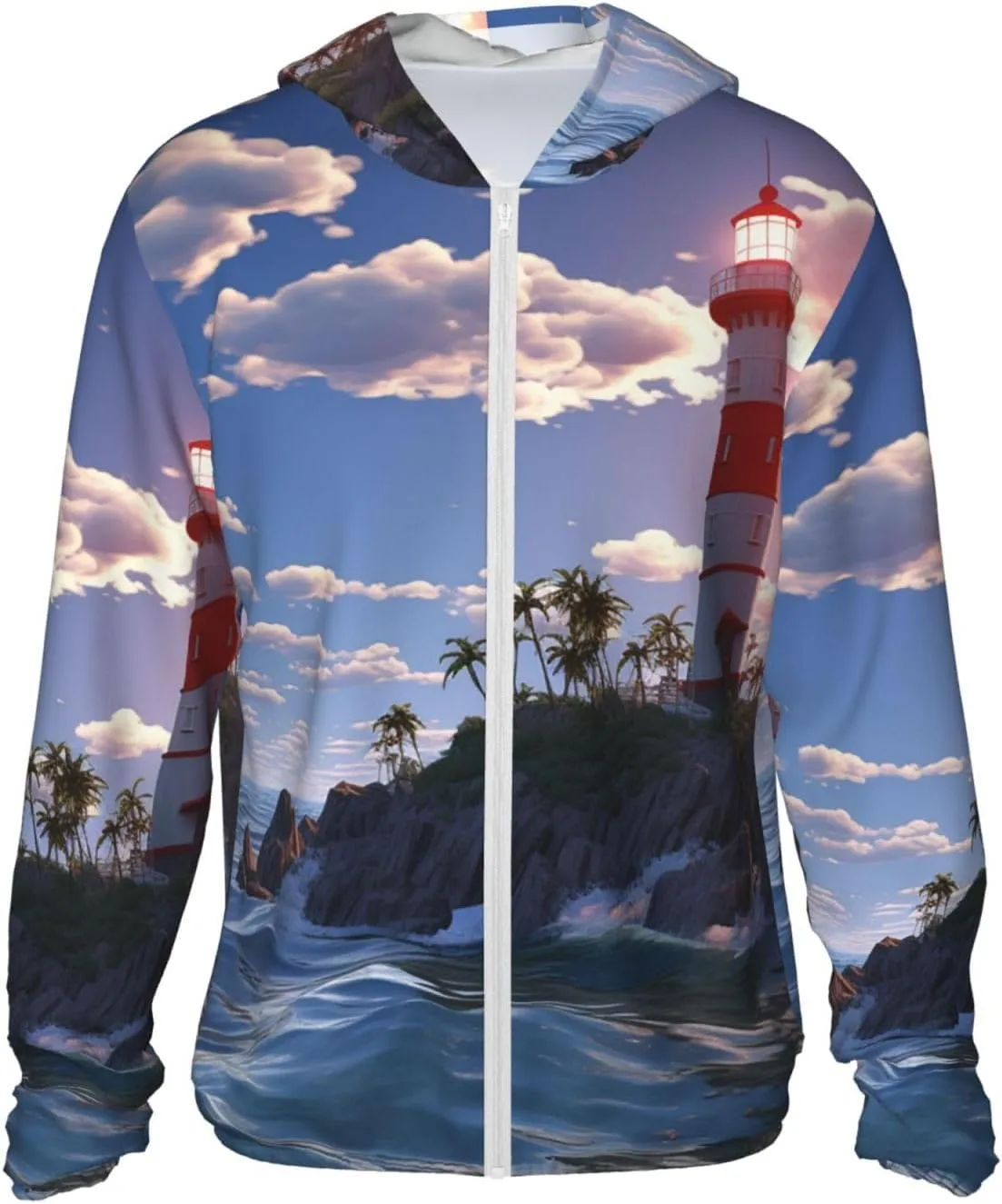 UPF 50  Sun Protection Hoodie Jacket Full Zip Long Sleeve Sun Shirt Navigation Lighthouse Fishing Shirt