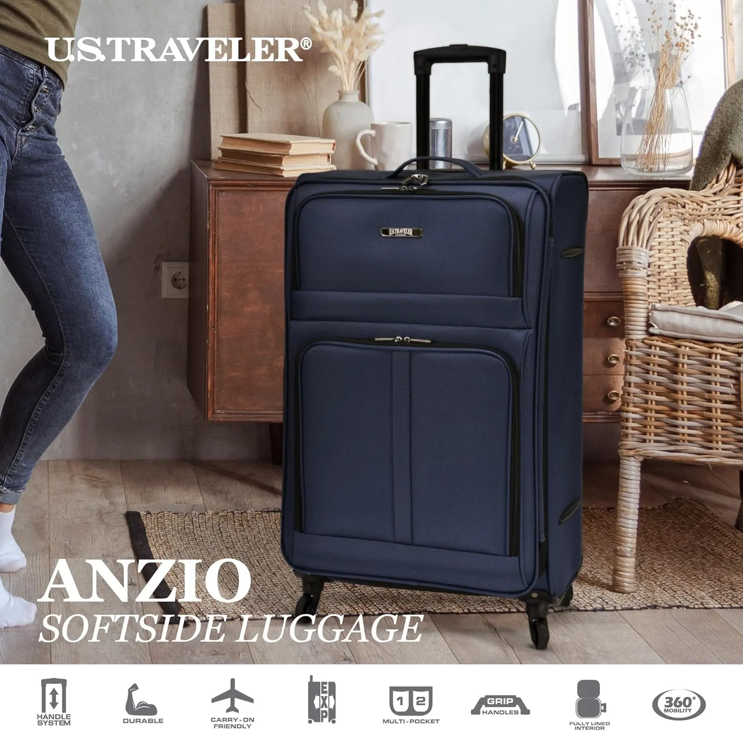 U.S. Traveler Anzio Softside Expandable Spinner Luggage, Dark Grey, Checked-Large 30-Inch