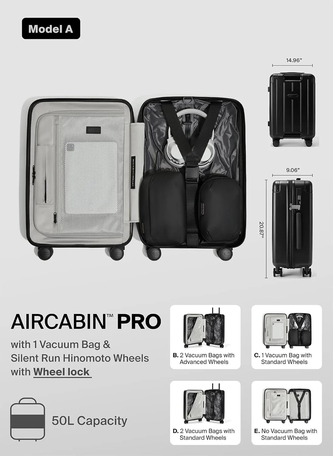 Vacuum Seal Air Compression 20-Inch Suitcase Carry-On Travel Luggage USB Port AirCabin Pro Pump TSA Lock Backpack Airback Vacpack 20" - Advanced Hinomoto Wheel Lock (1X Vacuum Bag - 50L)