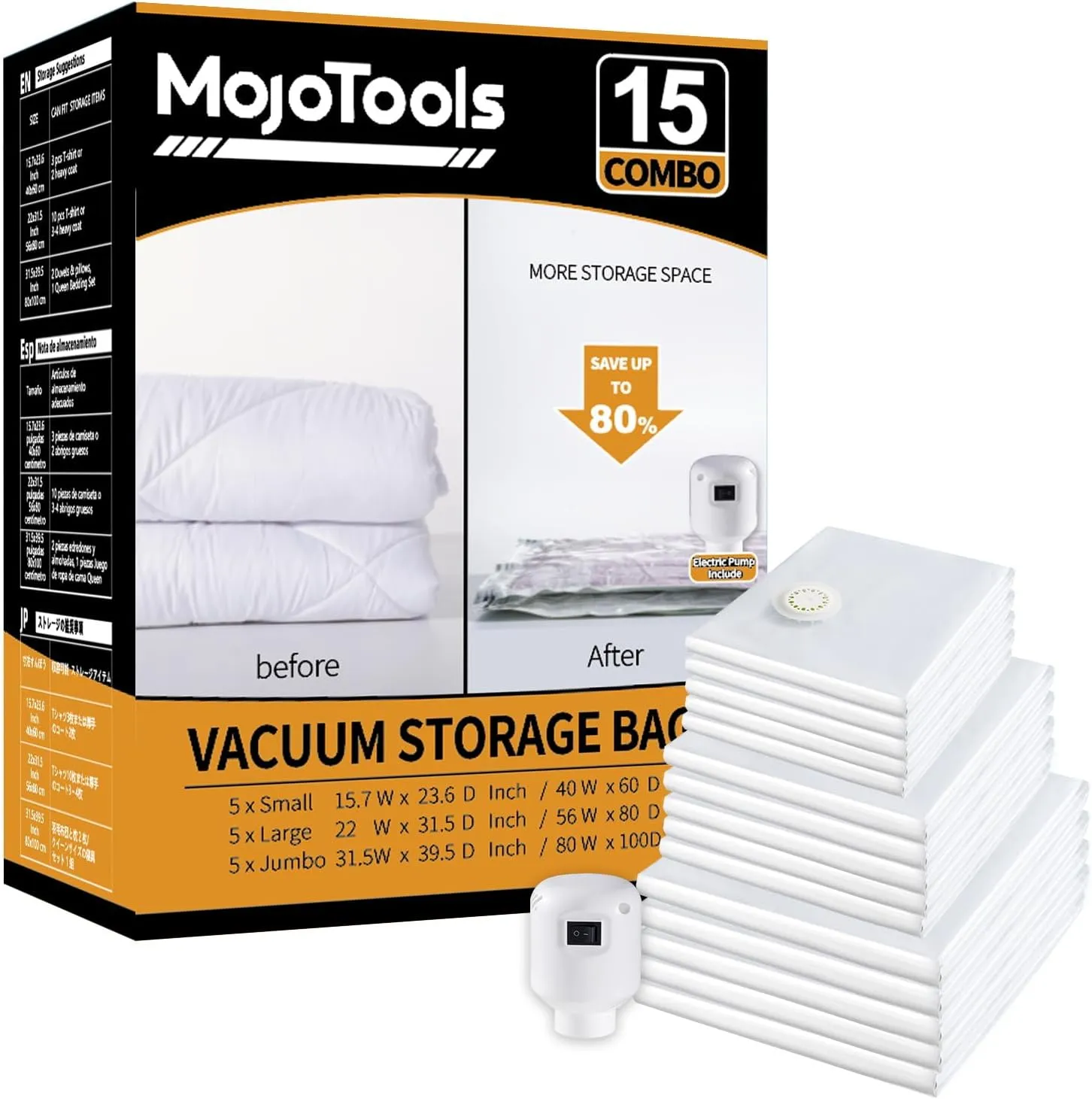 Vacuum Storage Bags with Electric Air Pump, 15 Pack (5 Jumbo, 5 Large, 5 Medium) Space Saver Bag, Space Saver Bag, Vacuum Sealer Bags for Clothes, Blanket, Duvets, Pillows, Comforters,Travel
