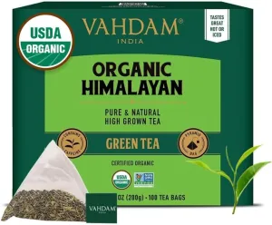 VAHDAM, Organic Himalayan Green Tea (100 Count) High Grown, Non GMO, Gluten Free, Low Caffeine | Earthy & Smooth | Resealable & Plant-Based Pyramid Tea Bags