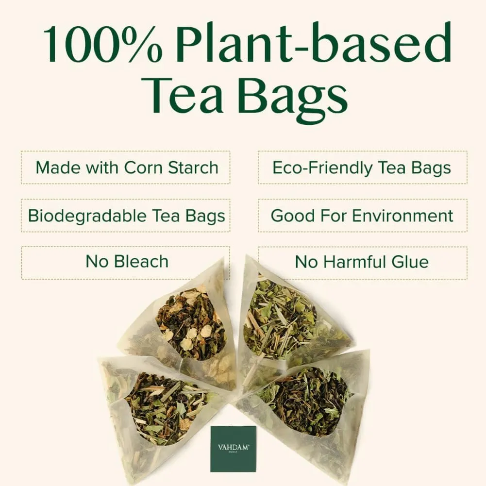 VAHDAM, Organic Himalayan Green Tea (100 Count) High Grown, Non GMO, Gluten Free, Low Caffeine | Earthy & Smooth | Resealable & Plant-Based Pyramid Tea Bags