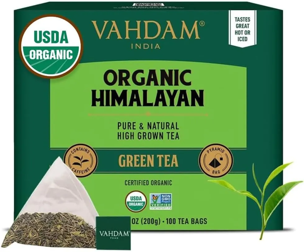 VAHDAM, Organic Himalayan Green Tea (100 Count) High Grown, Non GMO, Gluten Free, Low Caffeine | Earthy & Smooth | Resealable & Plant-Based Pyramid Tea Bags