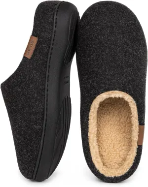 VeraCosy Men's Wool Felt Slippers Warm Fuzzy Faux Sherpa Slip-on Memory Foam Indoor House Slippers Dark Black, 9-10 US