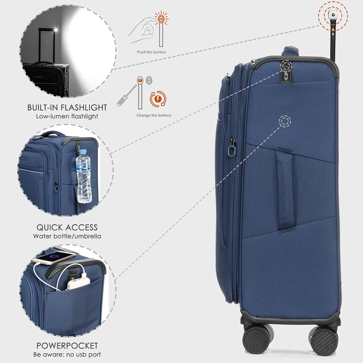 Verage Toledo Softside Expandable Suitcase with Spinner Wheels, Lightweight Luggage with Flashlight, Men and Women,Navy, Checked-Large 29-Inch