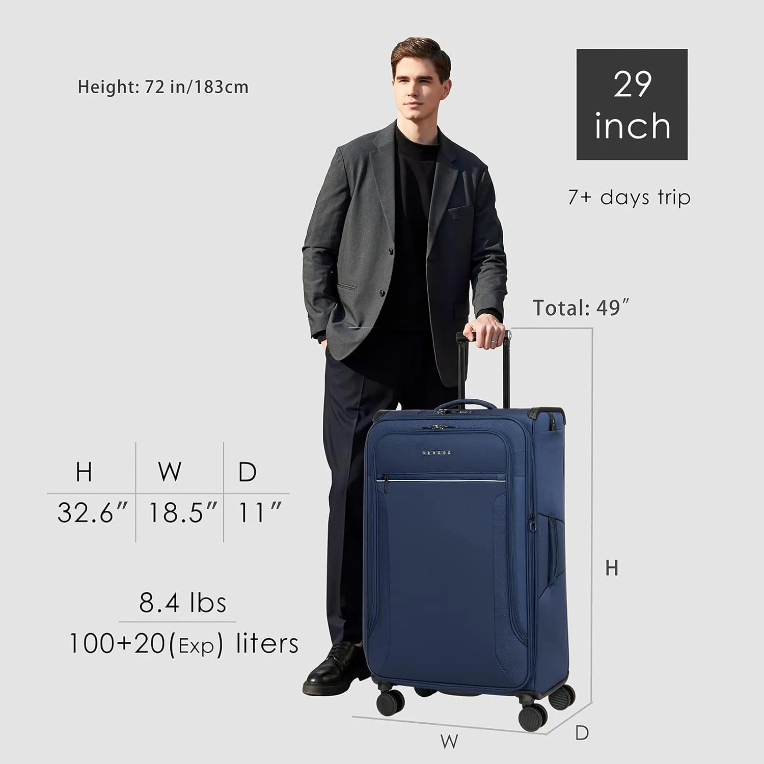Verage Toledo Softside Expandable Suitcase with Spinner Wheels, Lightweight Luggage with Flashlight, Men and Women,Navy, Checked-Large 29-Inch