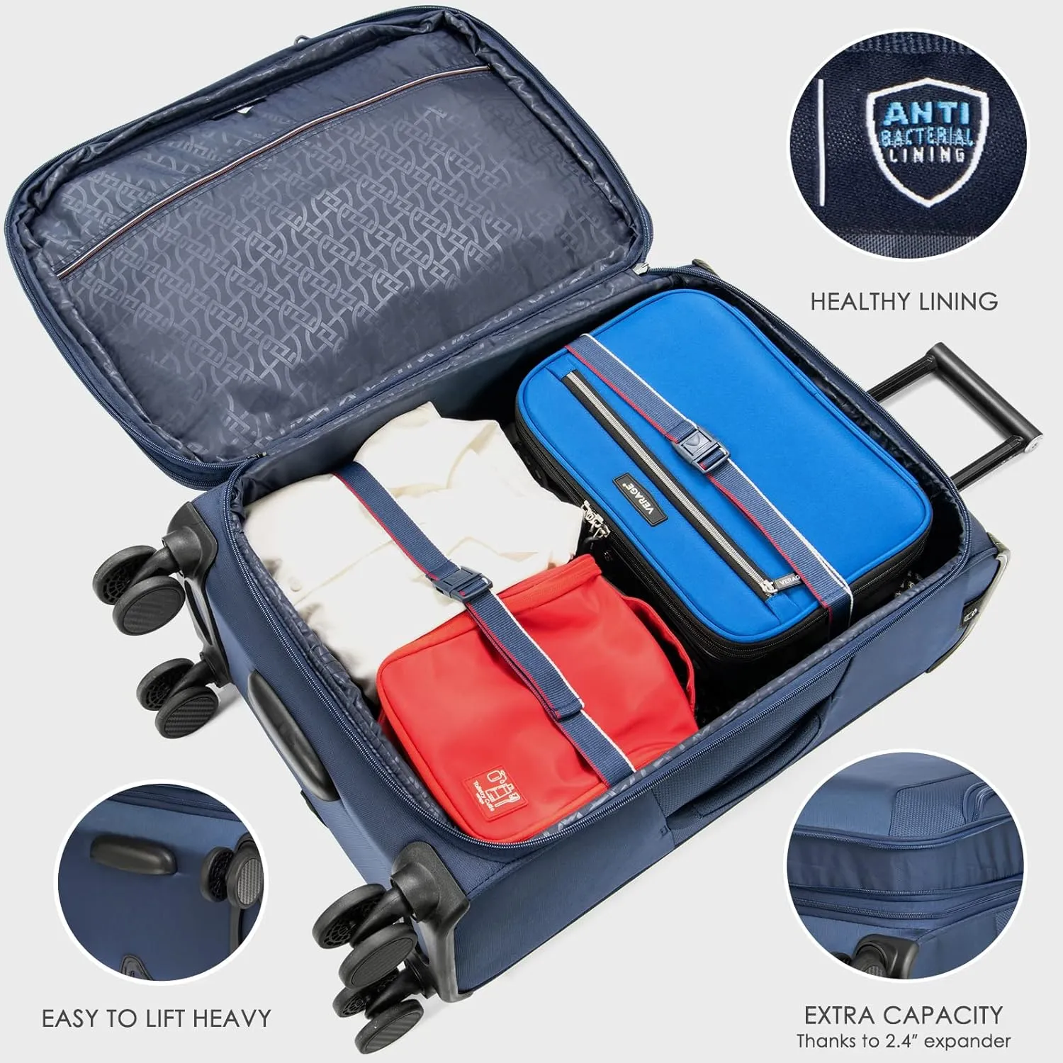 Verage Toledo Softside Expandable Suitcase with Spinner Wheels, Lightweight Luggage with Flashlight, Men and Women,Navy, Checked-Large 29-Inch