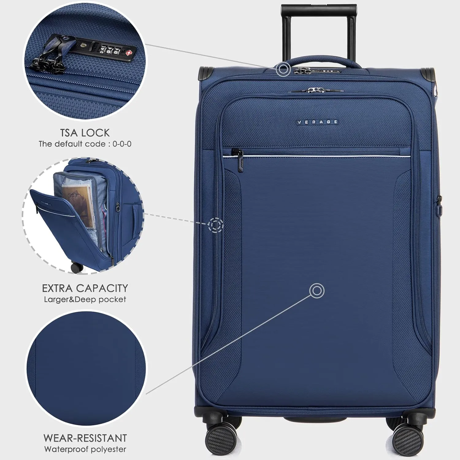 Verage Toledo Softside Expandable Suitcase with Spinner Wheels, Lightweight Luggage with Flashlight, Men and Women,Navy, Checked-Large 29-Inch