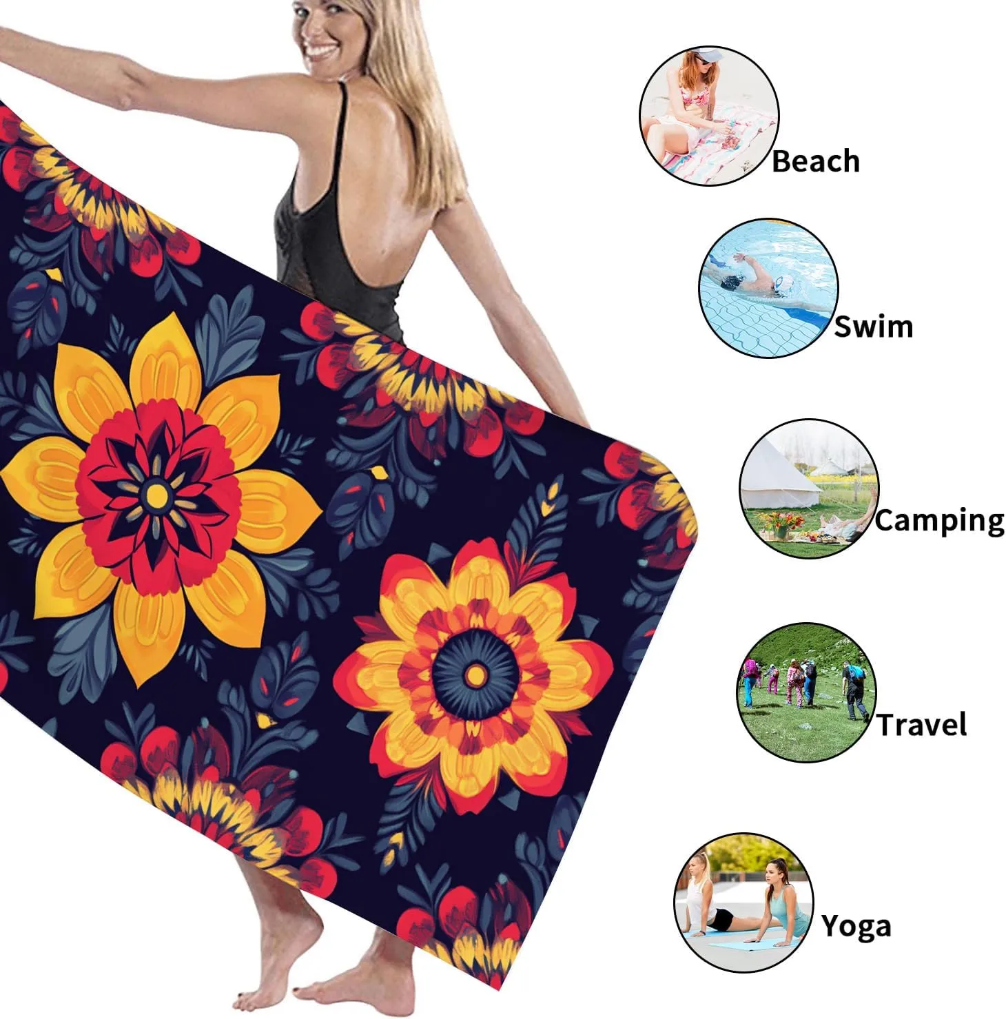 Vibrant Floral Microfiber Beach Towel Navy Blue Bohemian Flower Design Bath Towel, Quick Dry Absorbent Soft Sand Free Oversize Lightweight Beach Blanket, Outdoor Picnic Essentials 70x35 Inch