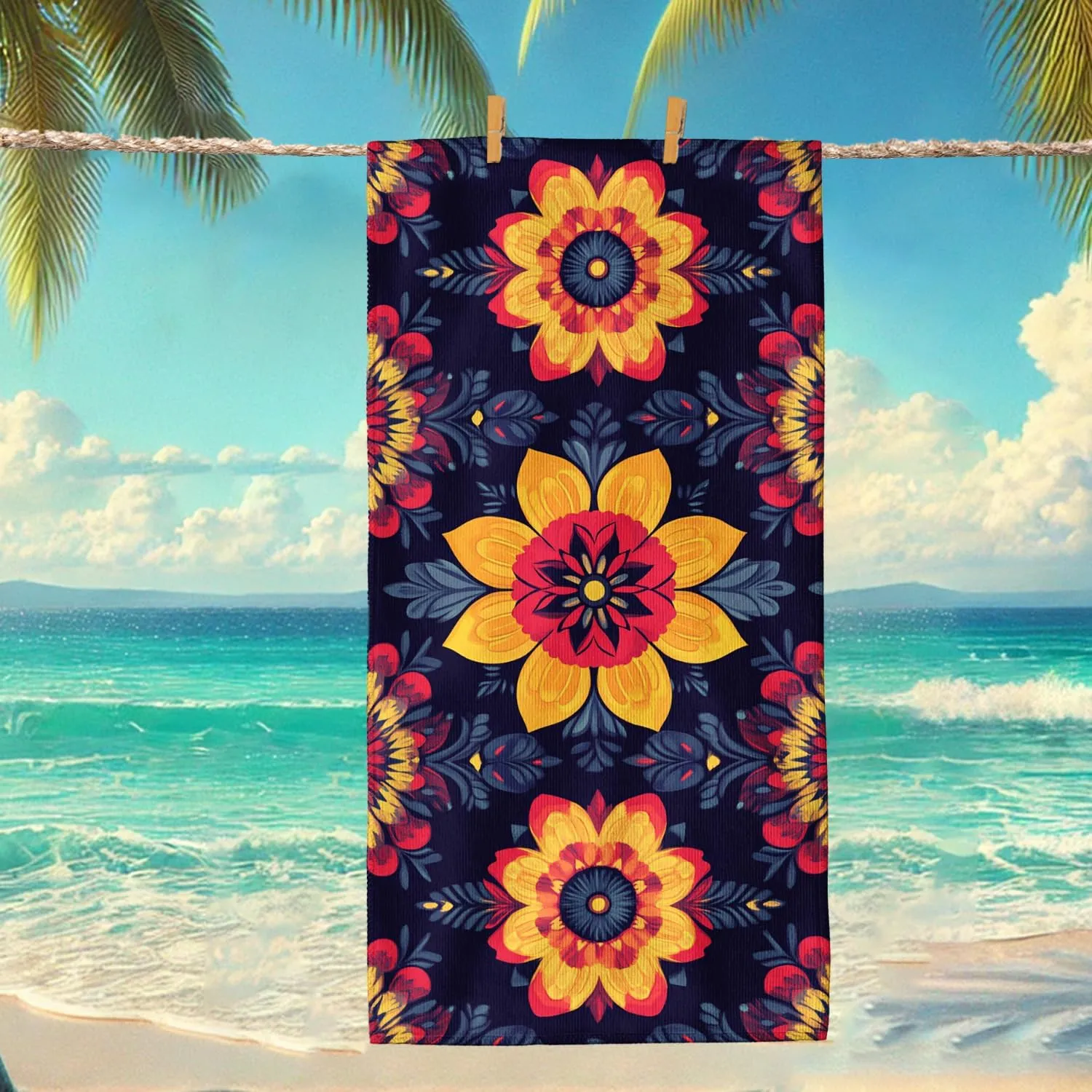 Vibrant Floral Microfiber Beach Towel Navy Blue Bohemian Flower Design Bath Towel, Quick Dry Absorbent Soft Sand Free Oversize Lightweight Beach Blanket, Outdoor Picnic Essentials 70x35 Inch