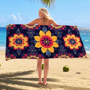 Vibrant Floral Microfiber Beach Towel Navy Blue Bohemian Flower Design Bath Towel, Quick Dry Absorbent Soft Sand Free Oversize Lightweight Beach Blanket, Outdoor Picnic Essentials 70x35 Inch