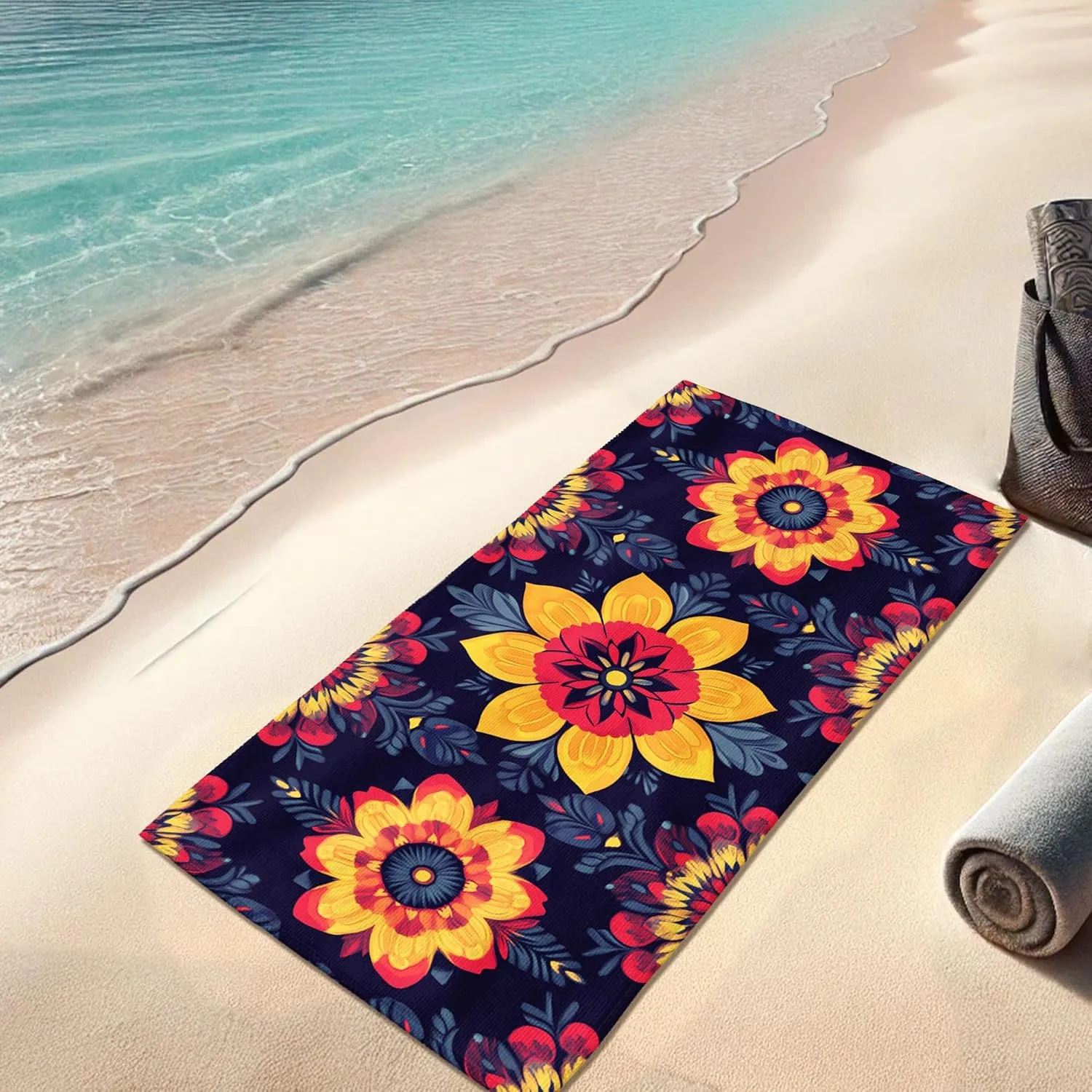 Vibrant Floral Microfiber Beach Towel Navy Blue Bohemian Flower Design Bath Towel, Quick Dry Absorbent Soft Sand Free Oversize Lightweight Beach Blanket, Outdoor Picnic Essentials 70x35 Inch