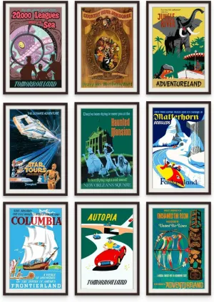 Vintage Disney Posters - Disneyland Ride Posters, Disney Home Decor Adult, Vintage Retro Wall Art, Haunted Mansion, Disneyland Gifts, Collectibles, Memorabilia - Unframed Reproduction Set of 9 (11x17)