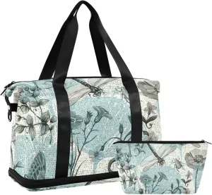 Vintage Dragonfly Gym Bag for Women Sport Travel Duffel Bag Shoulder Weekender Overnight Bags with Wet Pocket & Shoe Compartment