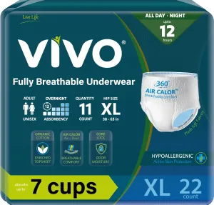 VIVO Organic Cotton Overnight Adult Incontinence Bladder Leak Pullup Underwear, Women & Men, X-Large 22 Count