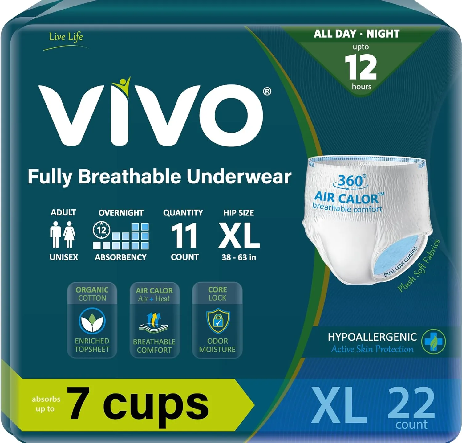 VIVO Organic Cotton Overnight Adult Incontinence Bladder Leak Pullup Underwear, Women & Men, X-Large 22 Count