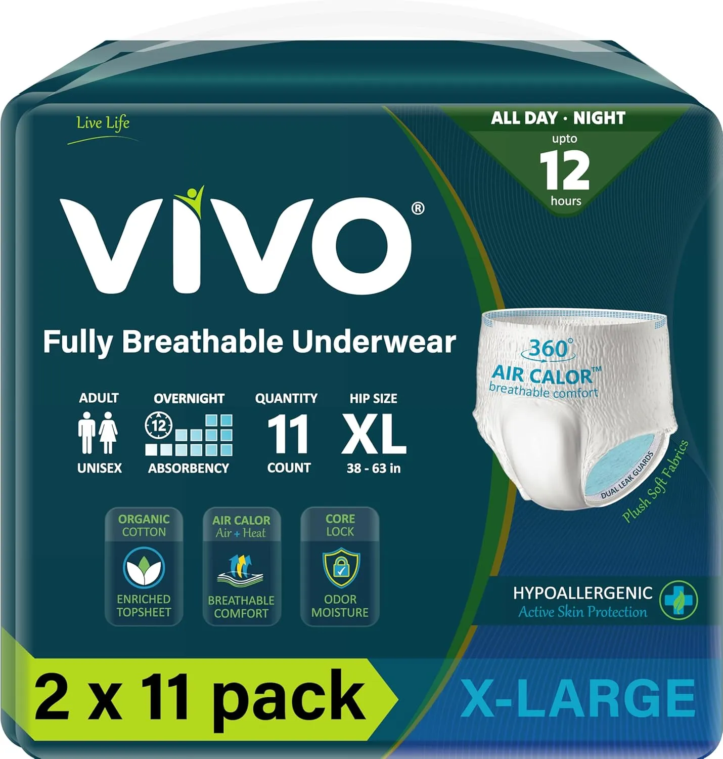 VIVO Organic Cotton Overnight Adult Incontinence Bladder Leak Pullup Underwear, Women & Men, X-Large 22 Count