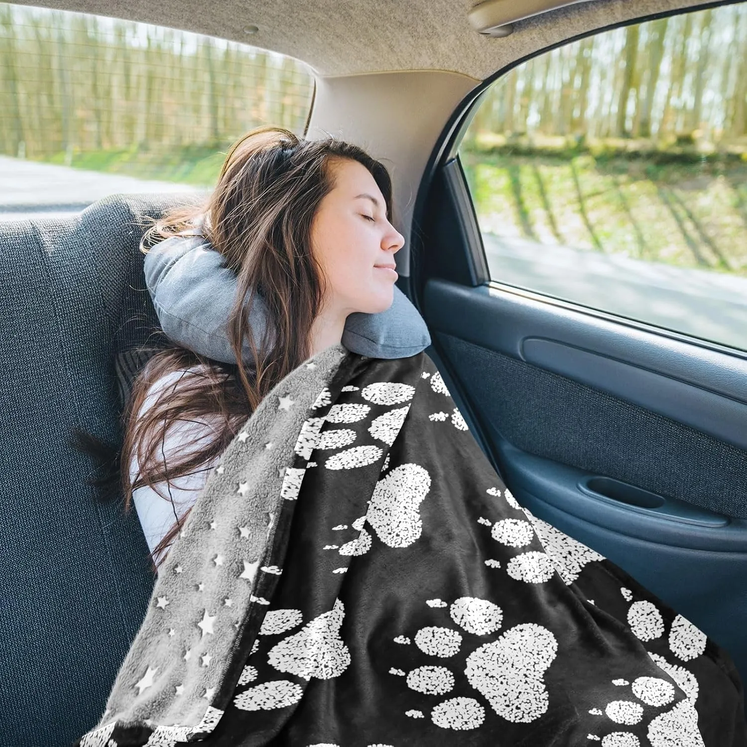 VKPSCHJ Luxury 2 in 1 Travel Blanket and Pillow Set Chalk Dog Paw Print Airplane Blanket Compact with Storage Bag,Soft Plane Blanket Essentials 65x55Inches