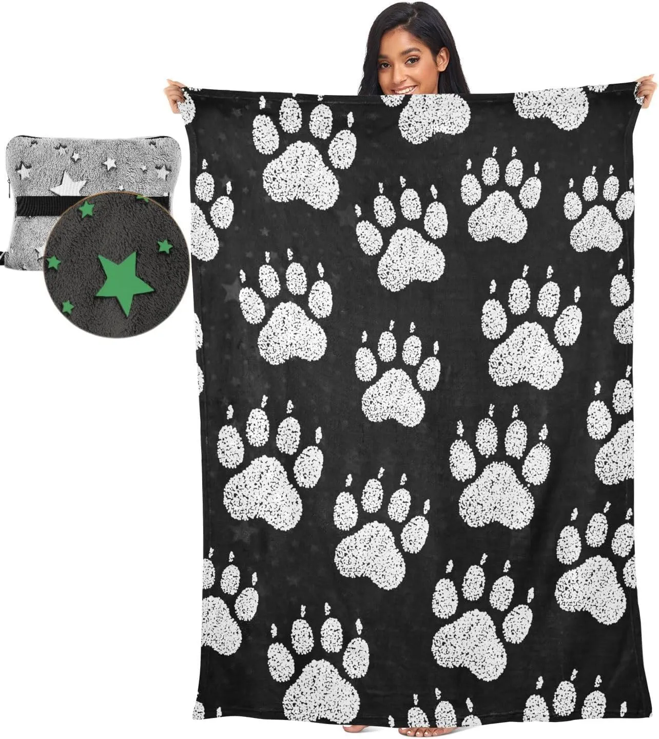 VKPSCHJ Luxury 2 in 1 Travel Blanket and Pillow Set Chalk Dog Paw Print Airplane Blanket Compact with Storage Bag,Soft Plane Blanket Essentials 65x55Inches