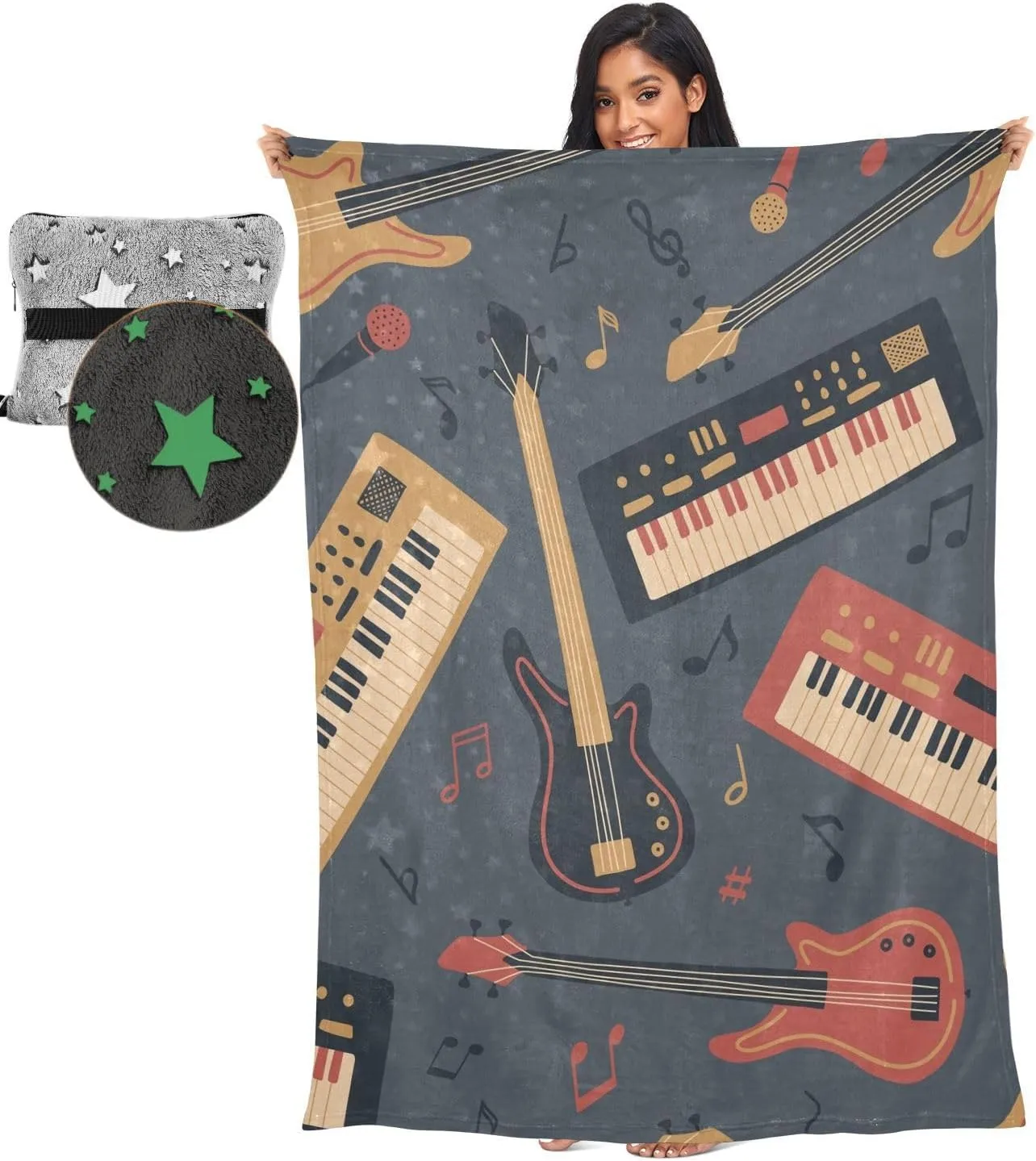 VKPSCHJ Luxury 2 in 1 Travel Blanket and Pillow Set Electro Guitar Airplane Blanket Compact with Storage Bag,Soft Plane Blanket Essentials 65x55Inches