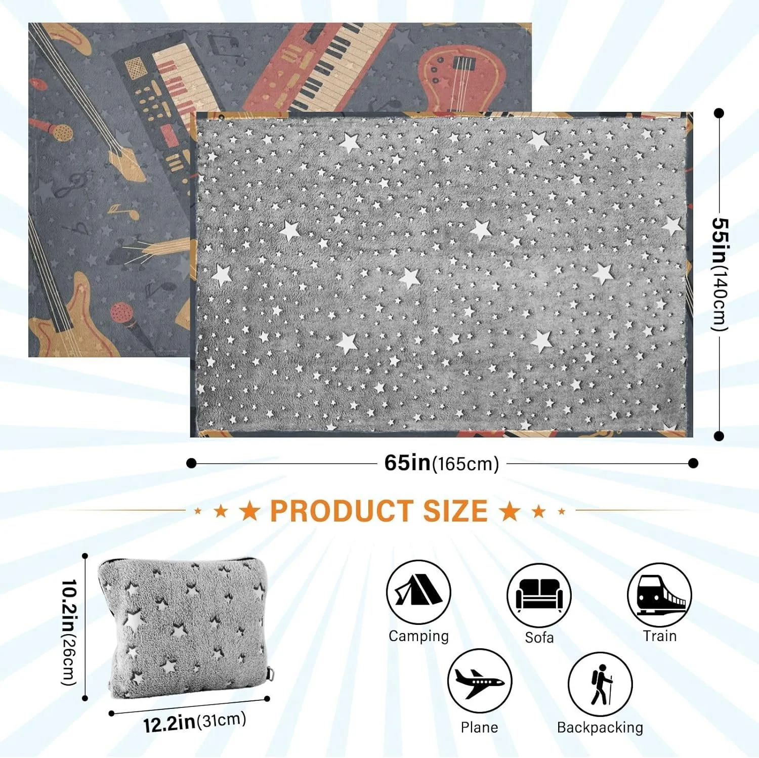 VKPSCHJ Luxury 2 in 1 Travel Blanket and Pillow Set Electro Guitar Airplane Blanket Compact with Storage Bag,Soft Plane Blanket Essentials 65x55Inches