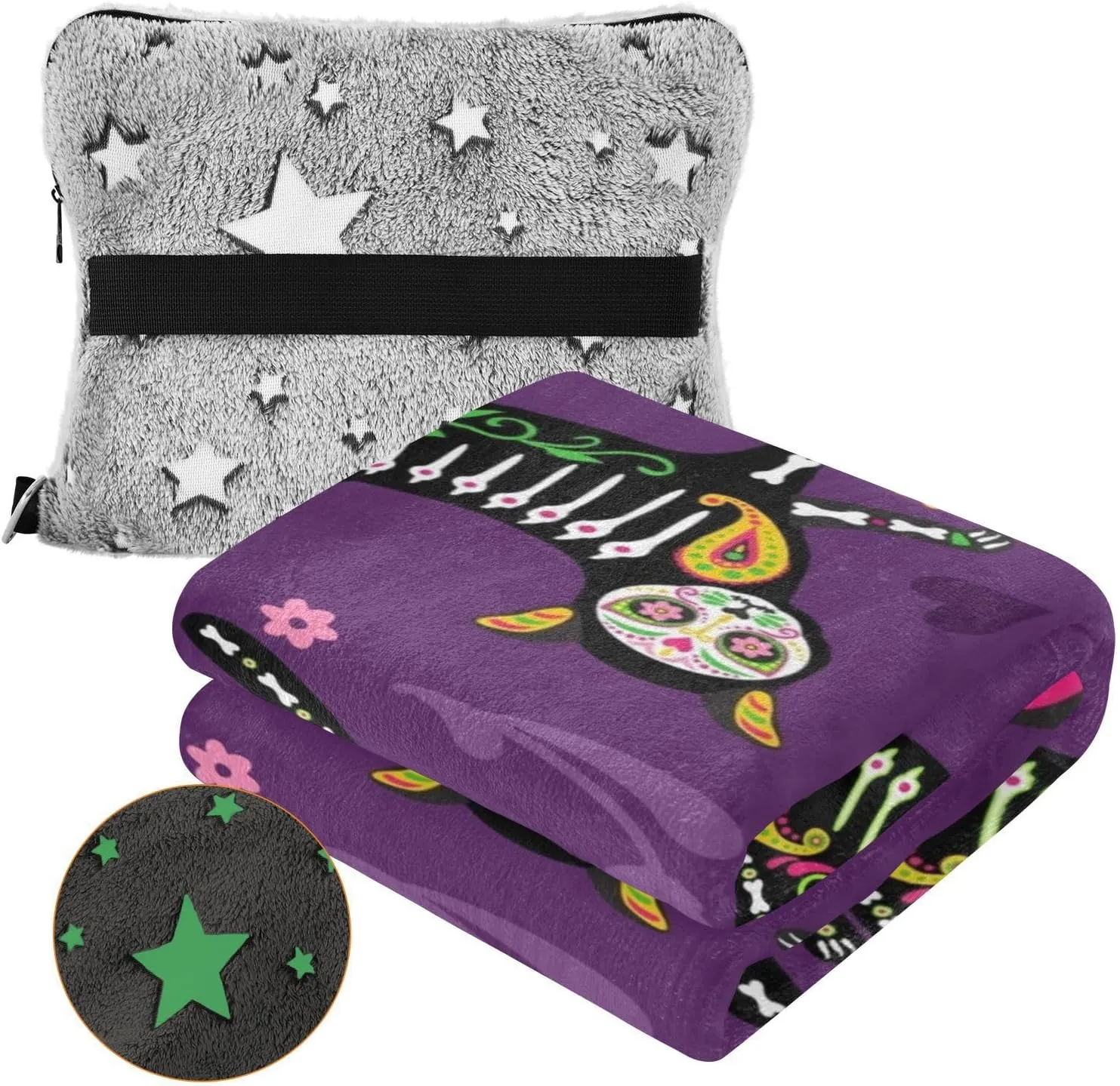 VKPSCHJ Luxury 2 in 1 Travel Blanket and Pillow Set Sugar Skull Black Cats Airplane Blanket Compact with Storage Bag,Soft Plane Blanket Essentials 65x55Inches Mexican Style
