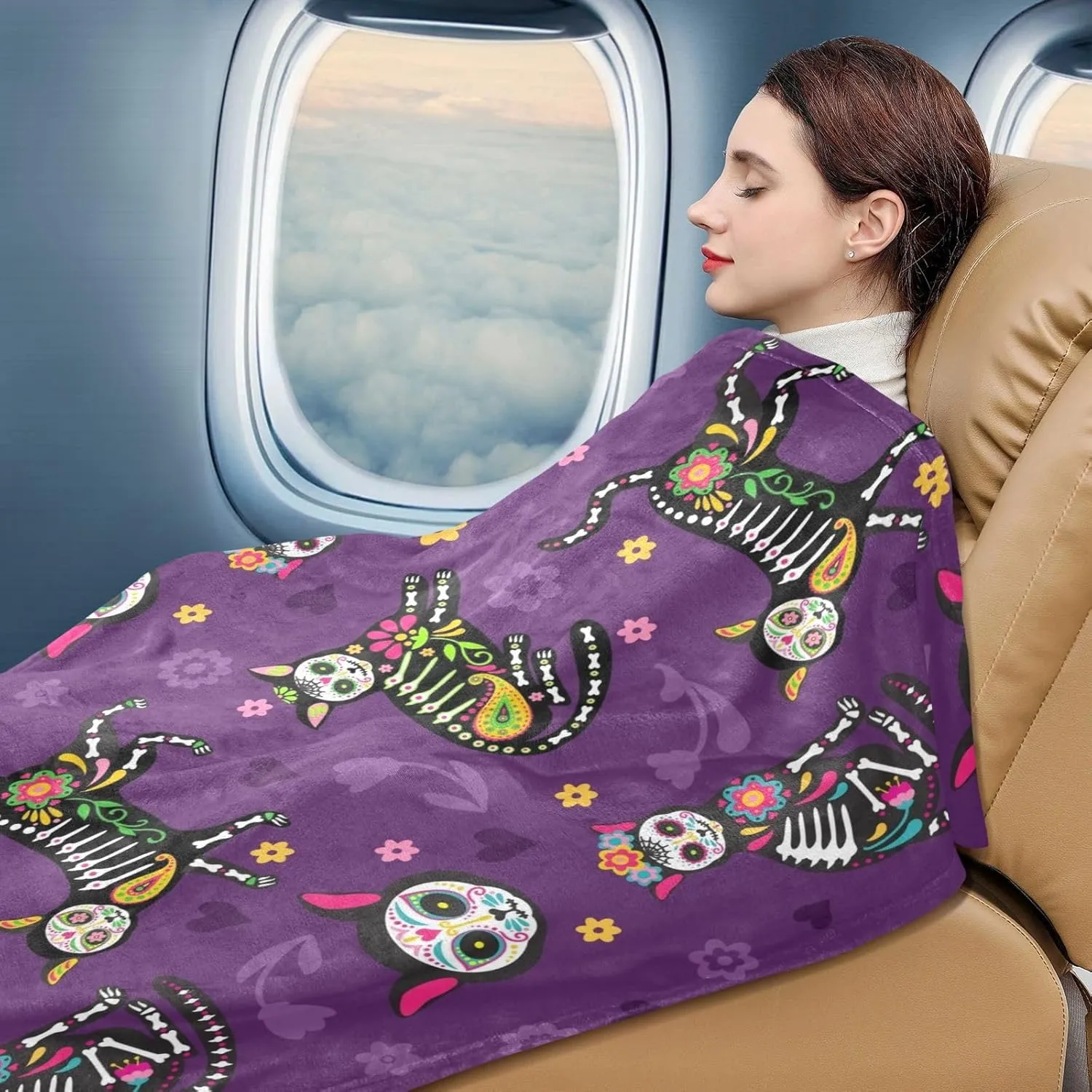 VKPSCHJ Luxury 2 in 1 Travel Blanket and Pillow Set Sugar Skull Black Cats Airplane Blanket Compact with Storage Bag,Soft Plane Blanket Essentials 65x55Inches Mexican Style