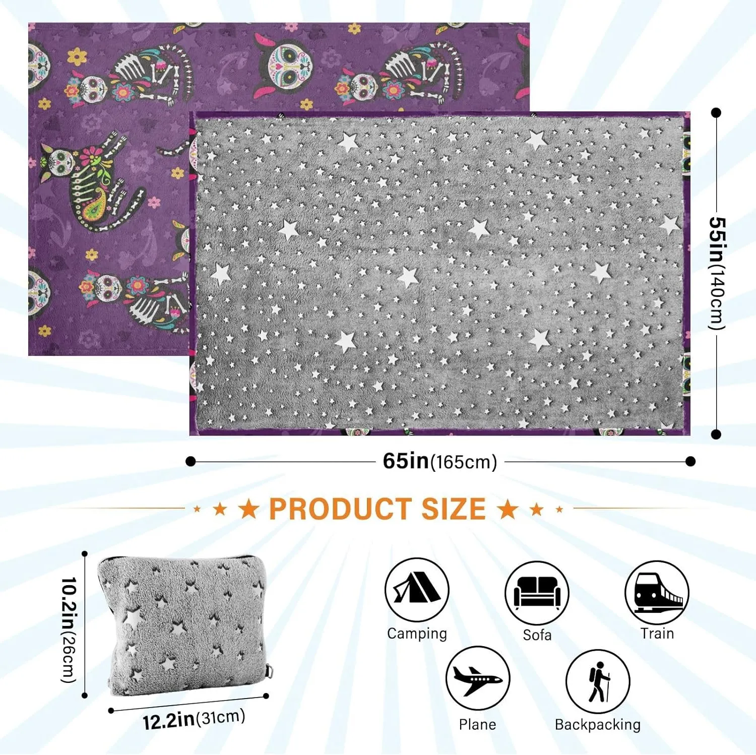 VKPSCHJ Luxury 2 in 1 Travel Blanket and Pillow Set Sugar Skull Black Cats Airplane Blanket Compact with Storage Bag,Soft Plane Blanket Essentials 65x55Inches Mexican Style