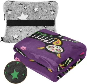 VKPSCHJ Luxury 2 in 1 Travel Blanket and Pillow Set Sugar Skull Black Cats Airplane Blanket Compact with Storage Bag,Soft Plane Blanket Essentials 65x55Inches Mexican Style