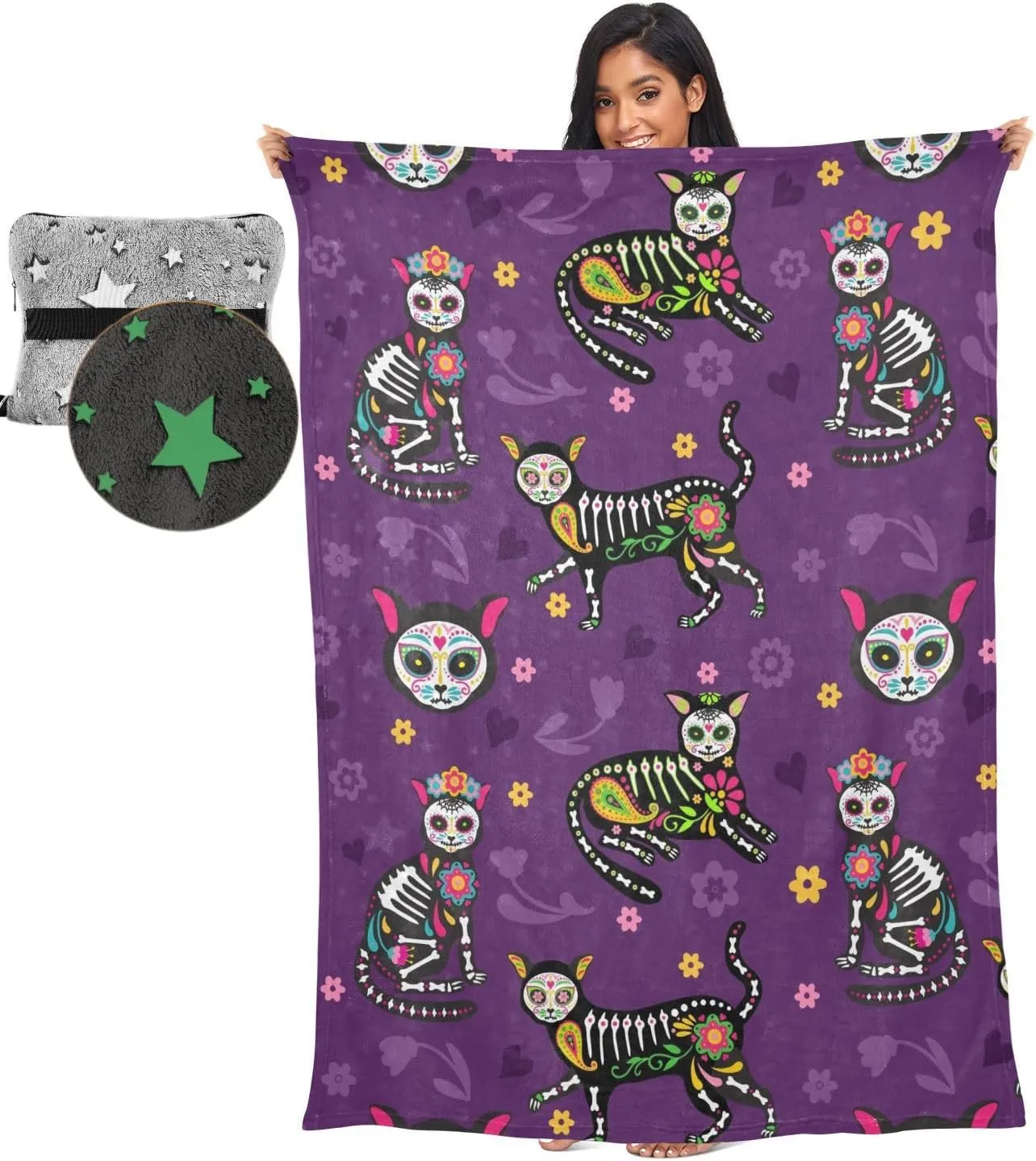 VKPSCHJ Luxury 2 in 1 Travel Blanket and Pillow Set Sugar Skull Black Cats Airplane Blanket Compact with Storage Bag,Soft Plane Blanket Essentials 65x55Inches Mexican Style