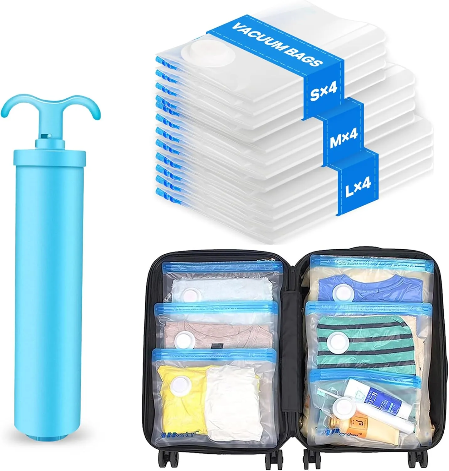 VMstr 12 Pack Refill Storage Bags, Carry-on Sizes with Hand Pump