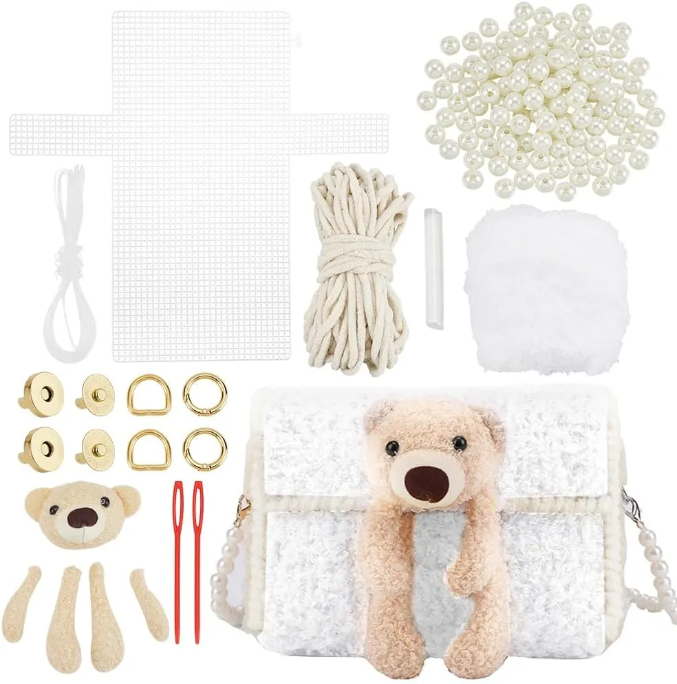 WADORN DIY Knitting Crochet Bag Kit, Women Handmade Woolen Yarn Bag Making Material Blank Mesh Plastic Handbag Crafting Set for DIY Handmade Crossbody Crochet Bag Accessories, 7.8x1.9x5.5 Inch, White