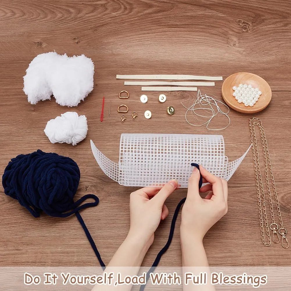 WADORN DIY Knitting Crochet Handbags Kit, Imitation Pearl Knitting Crochet Bag Making Kit Blank Mesh Plastic Shoulder Bag Crafting Set for DIY Handmade Crochet Bag, 8.6x1.9x5.1 Inch, Black