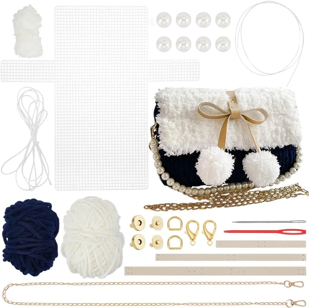 WADORN DIY Knitting Crochet Handbags Kit, Imitation Pearl Knitting Crochet Bag Making Kit Blank Mesh Plastic Shoulder Bag Crafting Set for DIY Handmade Crochet Bag, 8.6x1.9x5.1 Inch, Black