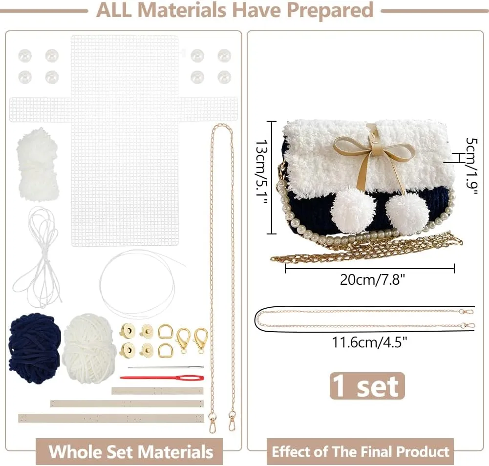 WADORN DIY Knitting Crochet Handbags Kit, Imitation Pearl Knitting Crochet Bag Making Kit Blank Mesh Plastic Shoulder Bag Crafting Set for DIY Handmade Crochet Bag, 8.6x1.9x5.1 Inch, Black
