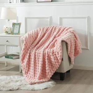 Wajade Plush Faux Rabbit Fur Throw Blanket, Soft Diamond Pattern Jacquard Double-Layered Fluffy Fleece Blanket for All Seasons Cozy Decorative Blanket for Couch Bed Sofa, 60 x 80 inches, Pink
