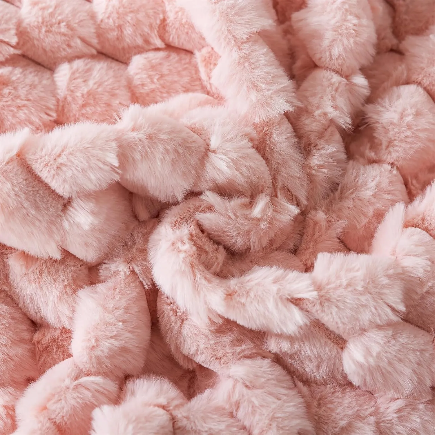 Wajade Plush Faux Rabbit Fur Throw Blanket, Soft Diamond Pattern Jacquard Double-Layered Fluffy Fleece Blanket for All Seasons Cozy Decorative Blanket for Couch Bed Sofa, 60 x 80 inches, Pink