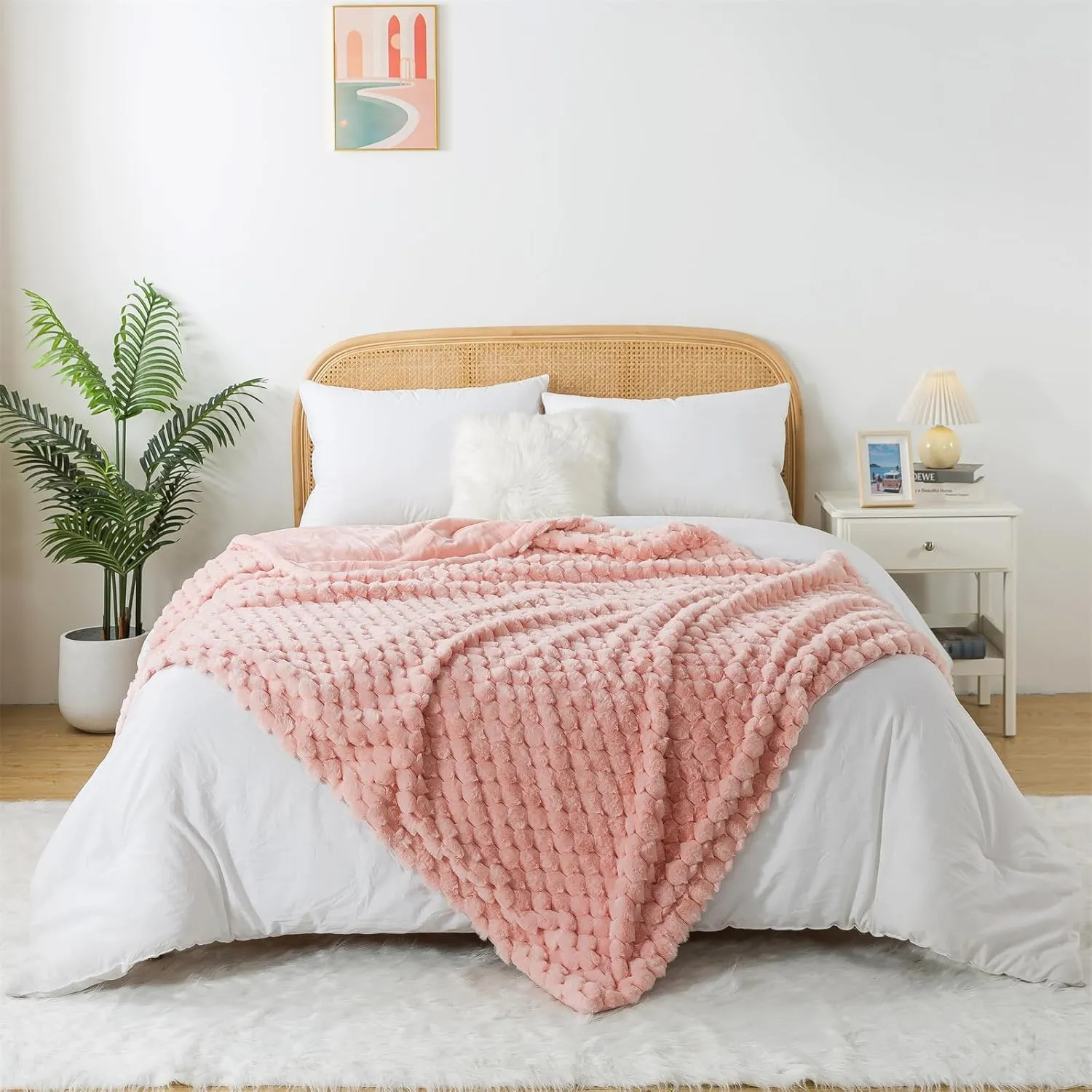 Wajade Plush Faux Rabbit Fur Throw Blanket, Soft Diamond Pattern Jacquard Double-Layered Fluffy Fleece Blanket for All Seasons Cozy Decorative Blanket for Couch Bed Sofa, 60 x 80 inches, Pink