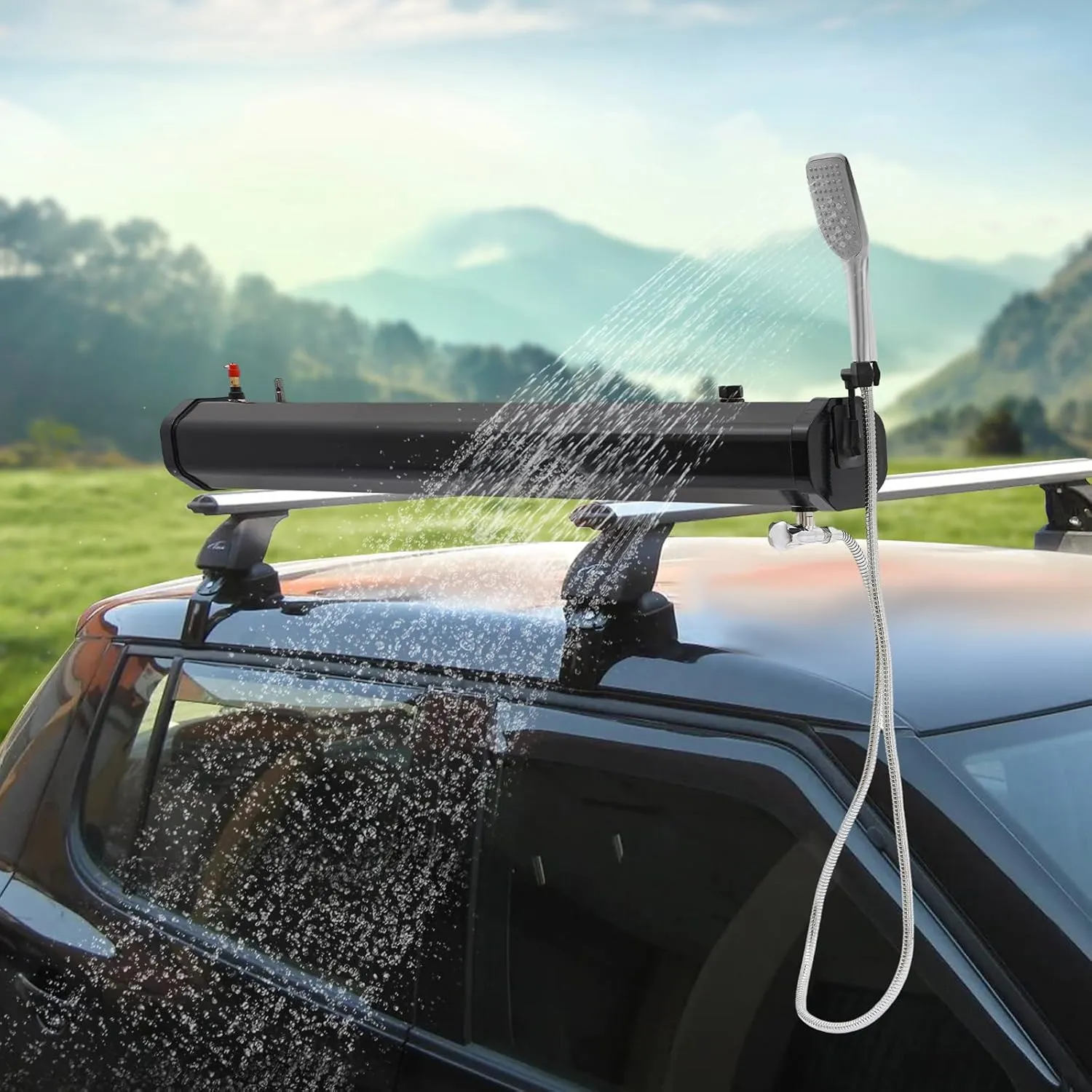 Water Tank for Camping Shower, Roof Rack Mount Self-Pressurized Shower Tank with Hose Shower Head Portable Road Shower Water Storage Tank, for SUVs Sedans RVs