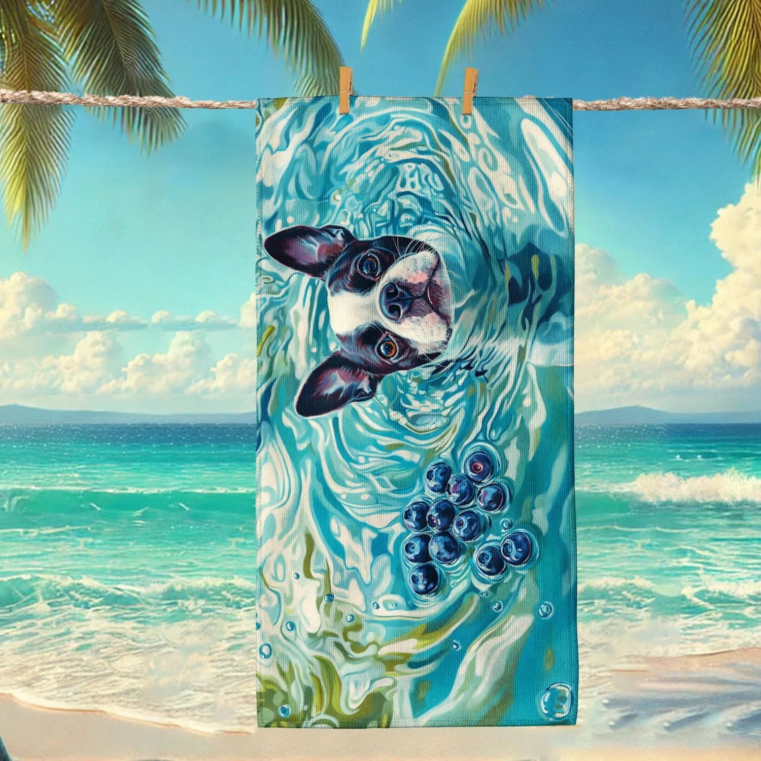 Watercolor Boston Terrier Beach Towel Teal Dog Print Lightweight Sand Free Towel, Quick Dry Absorbent Microfiber Hammock Pool Picnic Essentials 62x31 Inch