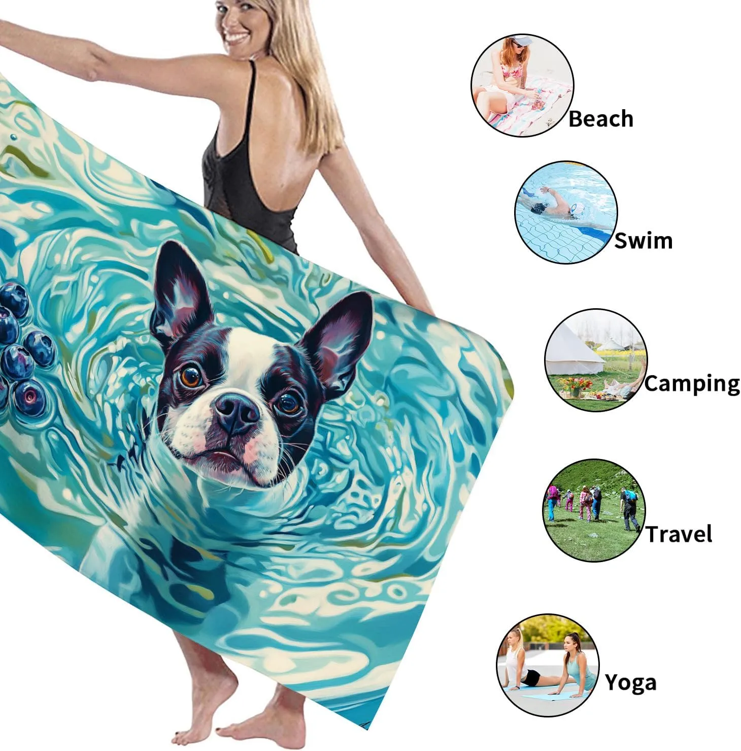 Watercolor Boston Terrier Beach Towel Teal Dog Print Lightweight Sand Free Towel, Quick Dry Absorbent Microfiber Hammock Pool Picnic Essentials 62x31 Inch