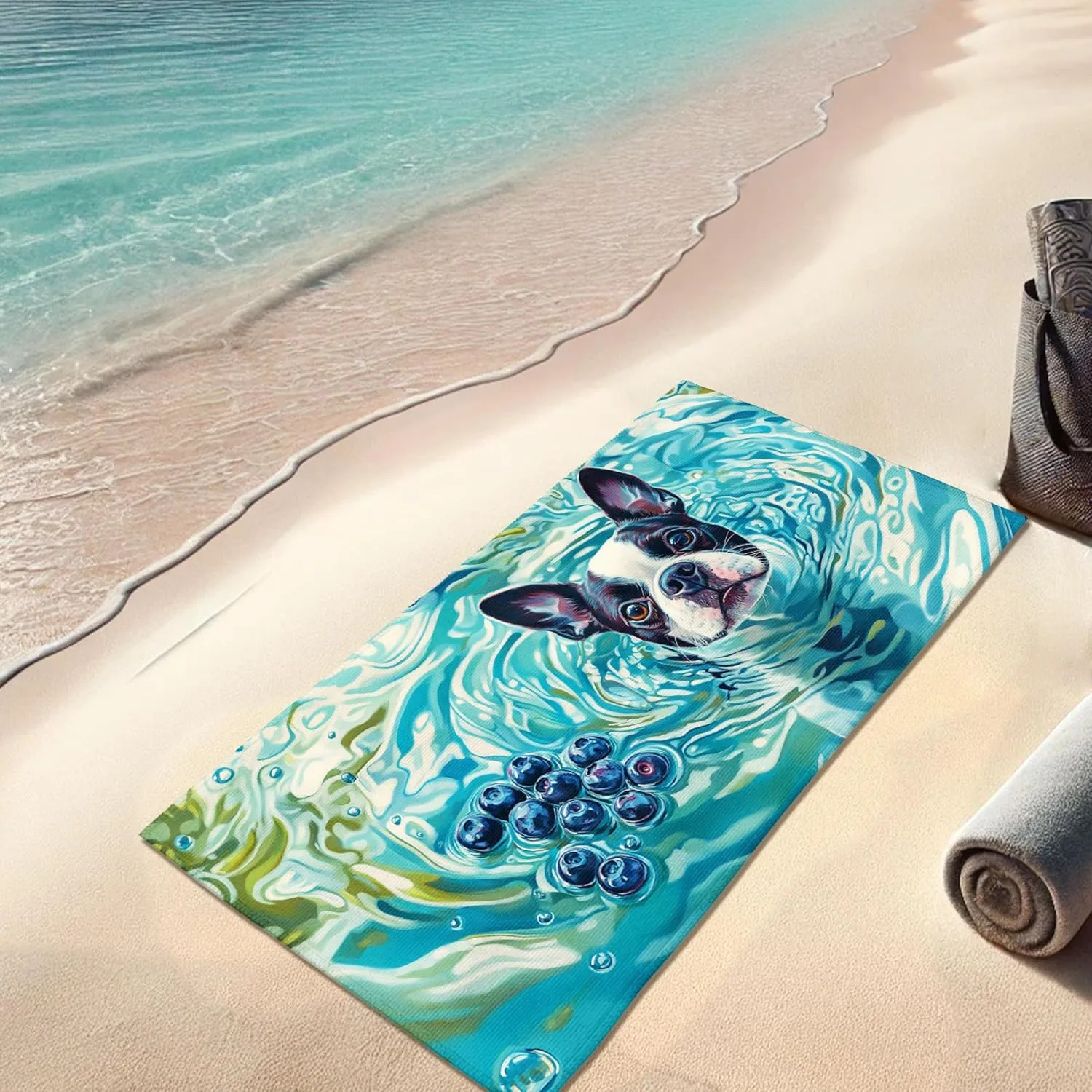 Watercolor Boston Terrier Beach Towel Teal Dog Print Lightweight Sand Free Towel, Quick Dry Absorbent Microfiber Hammock Pool Picnic Essentials 62x31 Inch