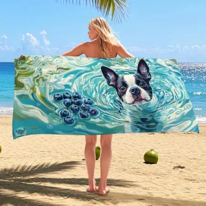 Watercolor Boston Terrier Beach Towel Teal Dog Print Lightweight Sand Free Towel, Quick Dry Absorbent Microfiber Hammock Pool Picnic Essentials 62x31 Inch