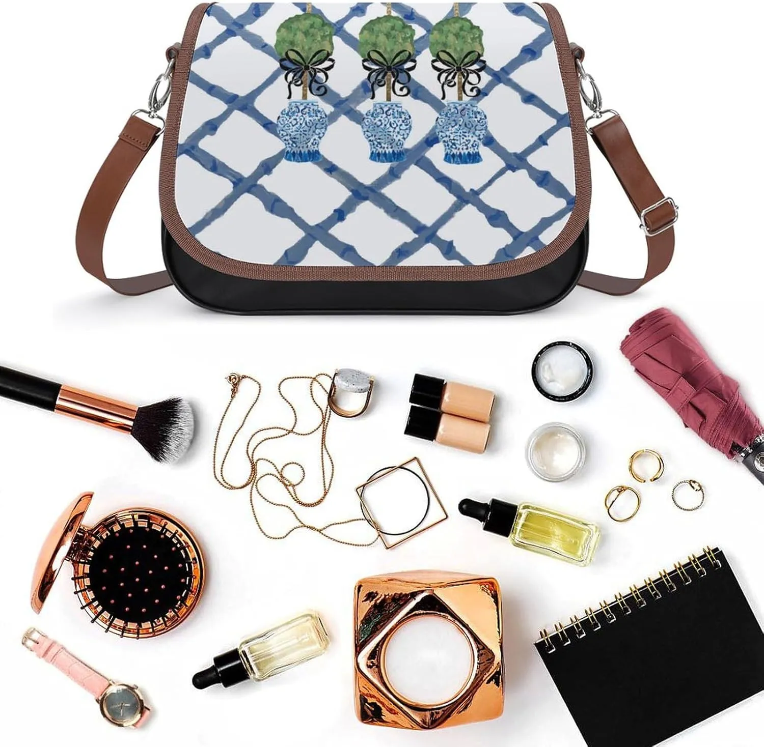 Watercolor Fall Rustic Gum Eucalyptus Leather Shoulder Bag with Detachable Shoulder Strap Versatile for Daily Use