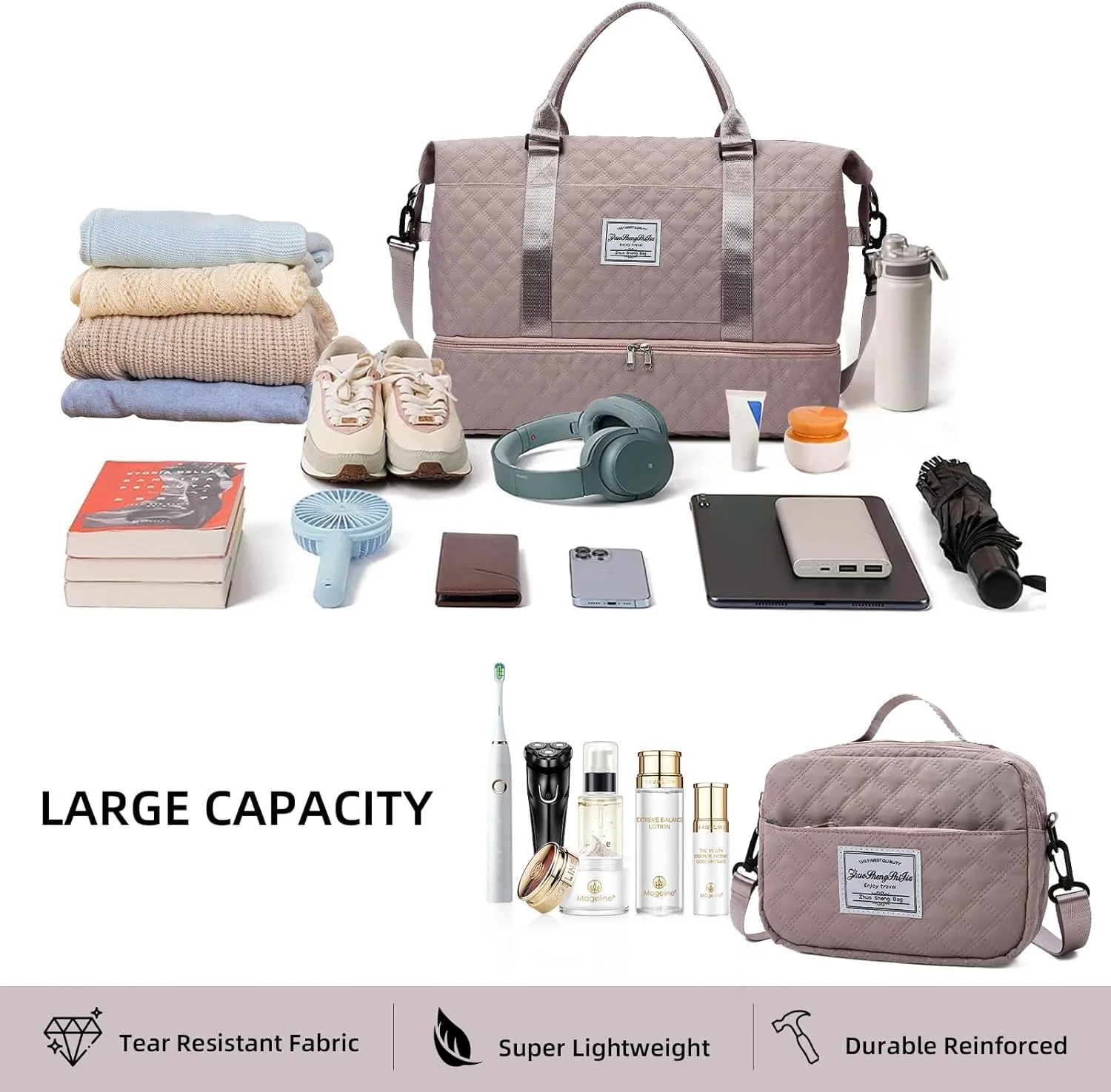 Weekender Bags for Women Travel Duffel Bag with Shoe Compartment Carry On Overnight Bag Large Travel Tote Bag with Makeup Bag Hospital Bag for Women Labor Delivery 2PCS Set Dark Pink