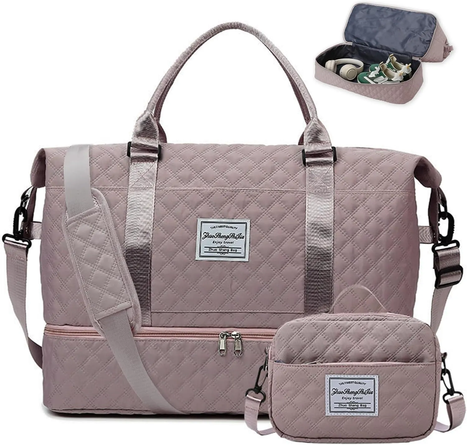 Weekender Bags for Women Travel Duffel Bag with Shoe Compartment Carry On Overnight Bag Large Travel Tote Bag with Makeup Bag Hospital Bag for Women Labor Delivery 2PCS Set Dark Pink