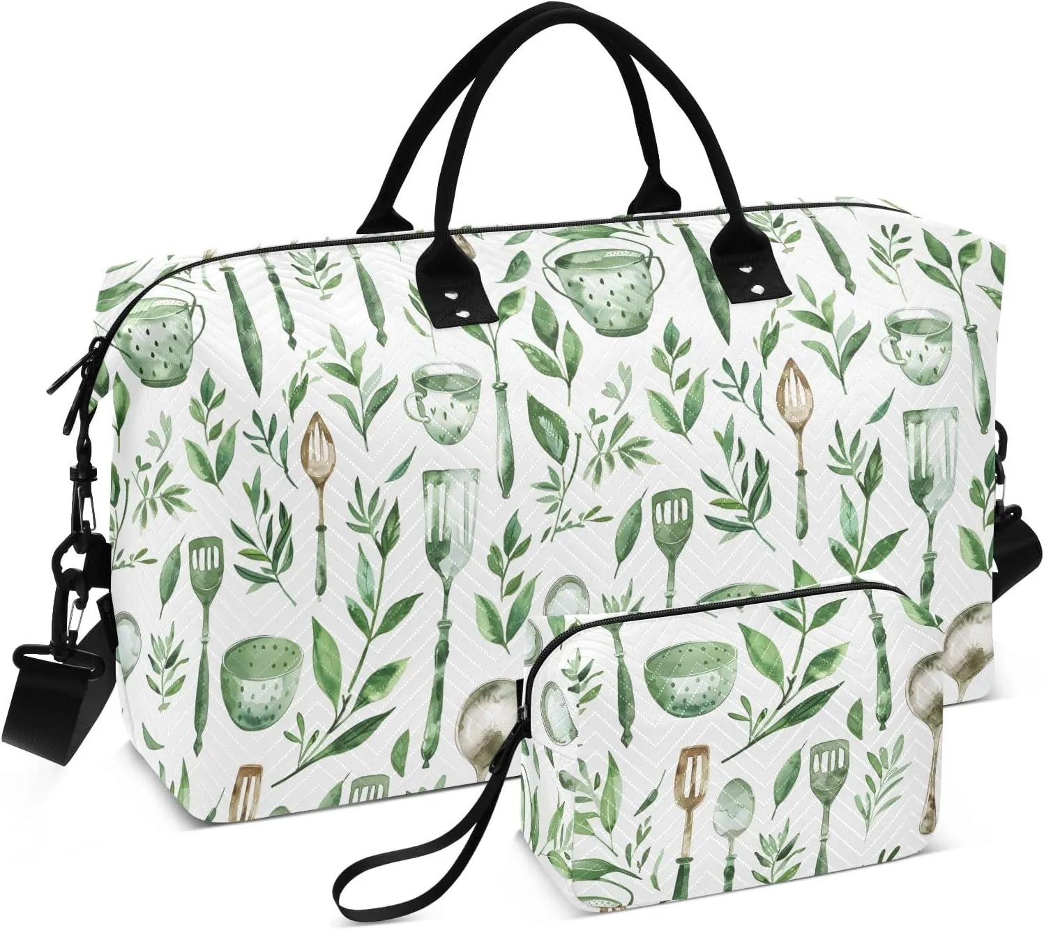 Weekender Bags Travel Duffel Gym Bag Vintage Utensils Foliage Green Carry on Overnight Tote Bag with Toiletry Bag for Airplane Travel Trip Gym Yoga