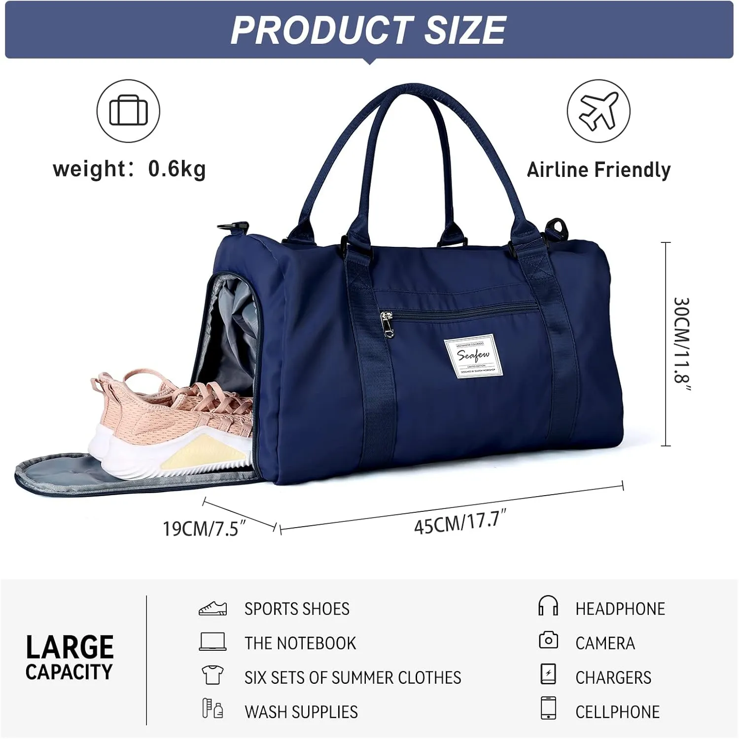 Weekender Gym Duffel Bags for Women Dark Blue with Toiletry Bag