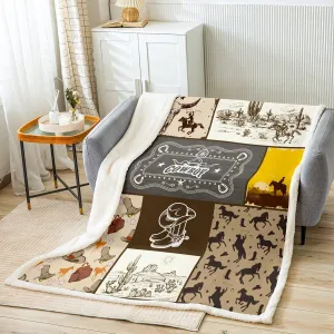 Western Cowboy Kids Throw Blanket,Cowboy Boots Horseshoe Farmhouse Bed Blanket for Boys Girls Adults,Cow Skull Cactus Rustic Fleece Blanket,Brown Retro Fuzzy Blanket,Queen Size (90 x 90 Inches)